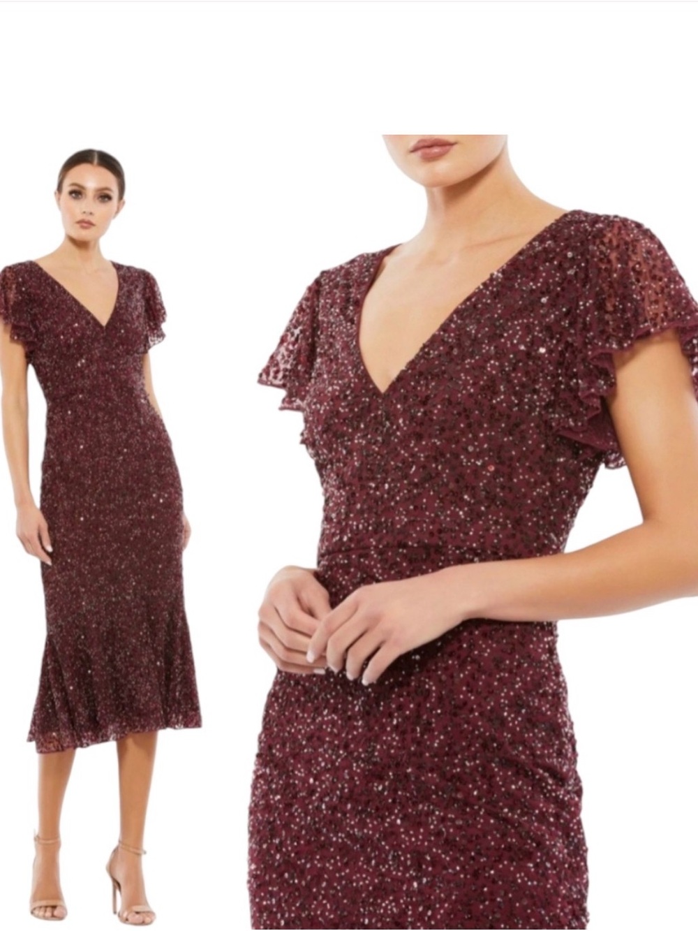 Mac Duggal size 10 Sequin Vneck Flutter Sleeve Midi Burgundy 10801 Garnet Dress